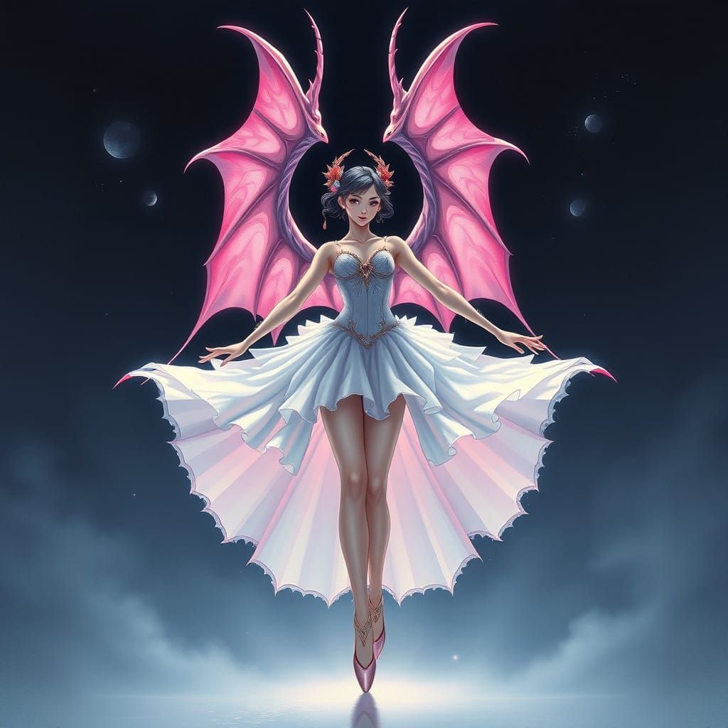 Cyberpunk Ballerina Soars with Majestic Dragon Wings