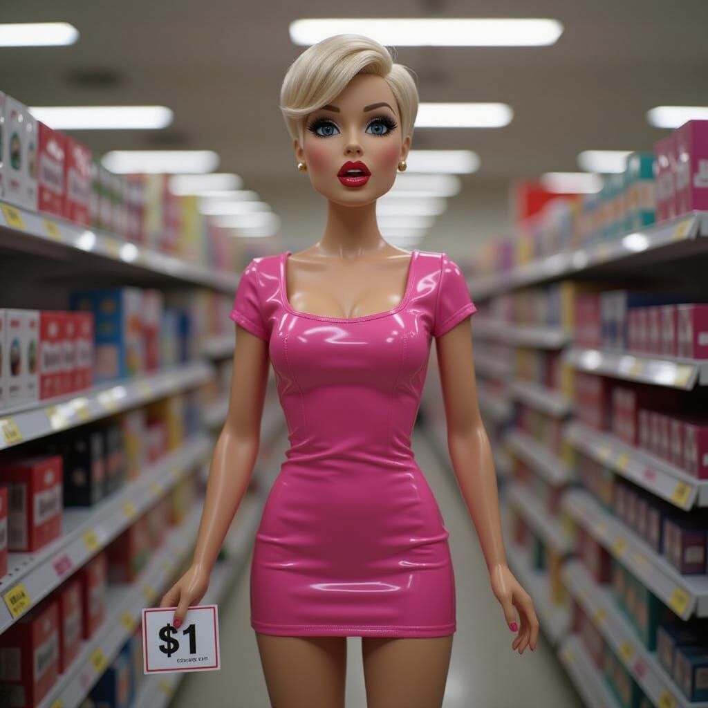 Woman Doll in Pink Latex Dress on Store Shelf