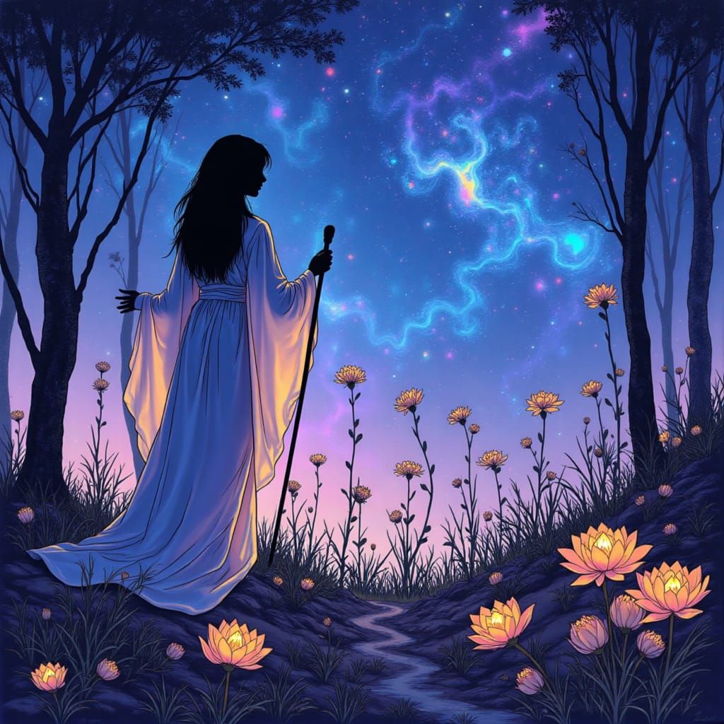 Celestial Botanist Cultivating Alien Flora in Surreal Style