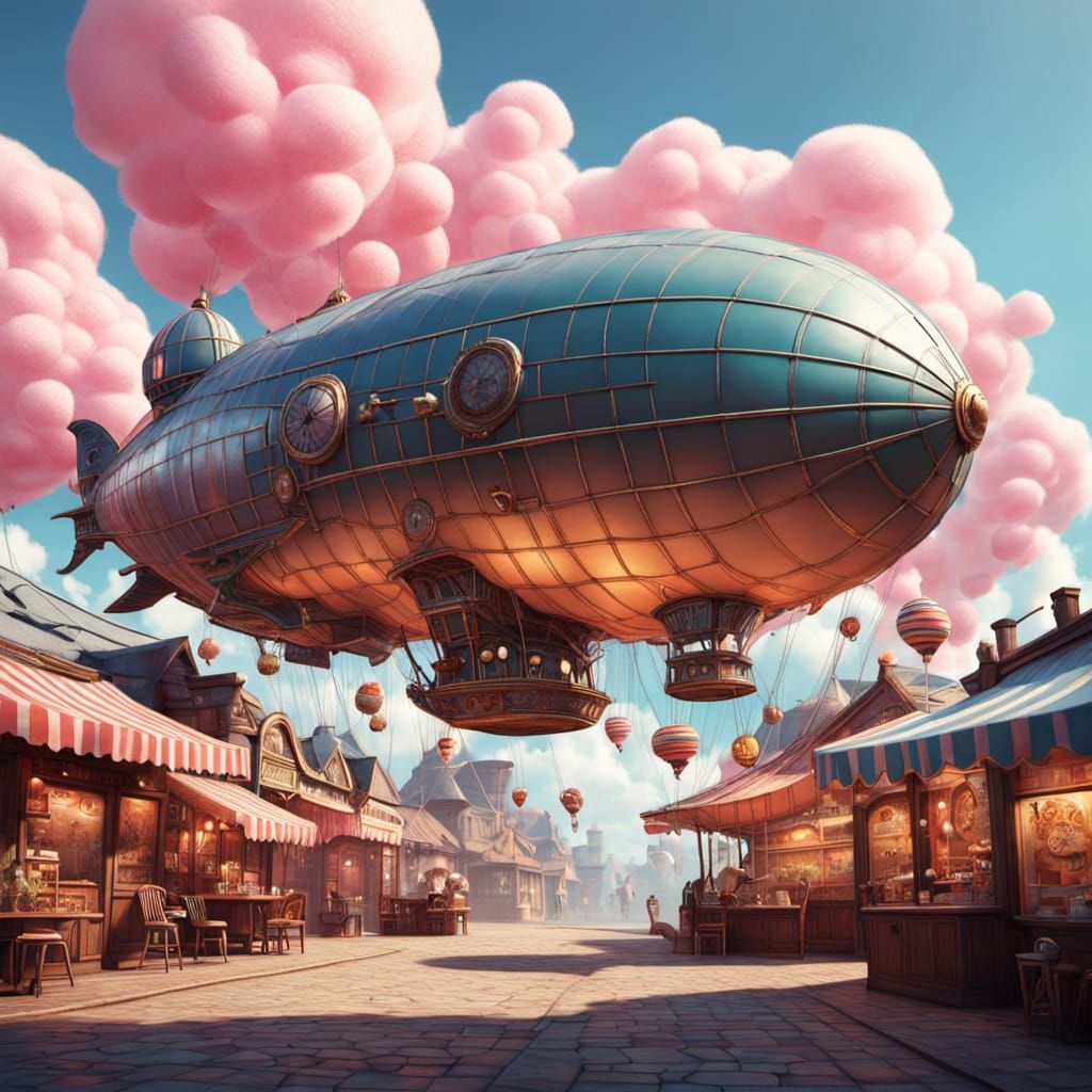 Fantasy Airship Over Cotton Candy Shop in Vintage Style
