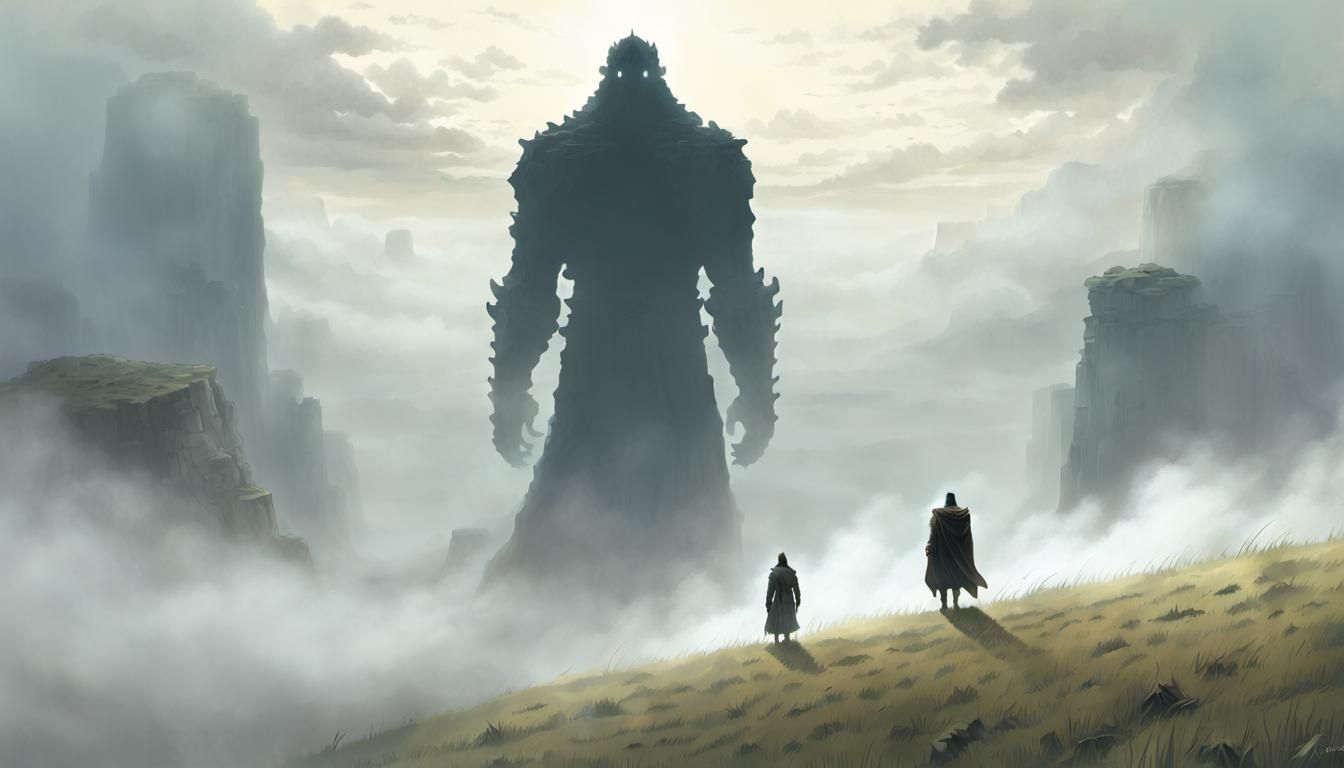 Ominous Giant Figures in Misty Landscape