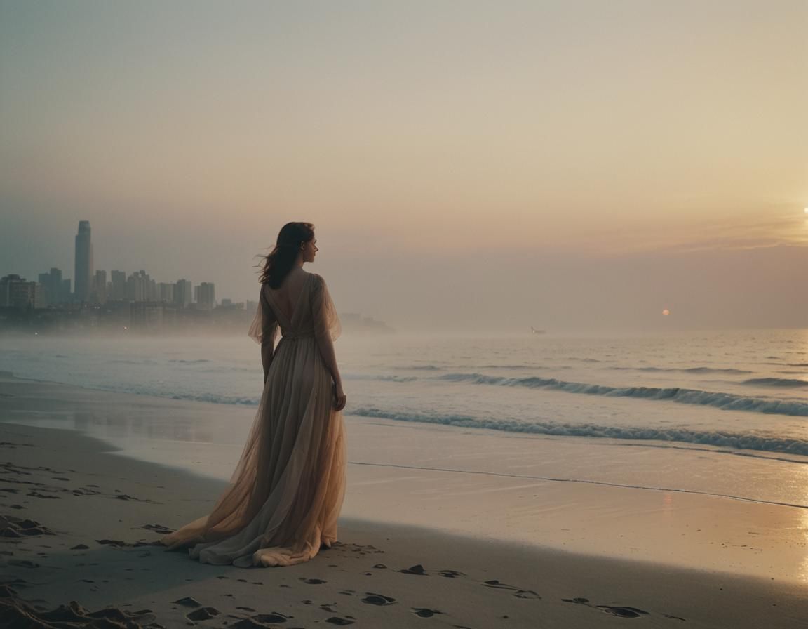 Surreal City Beach Sunset in Dreamlike Colors