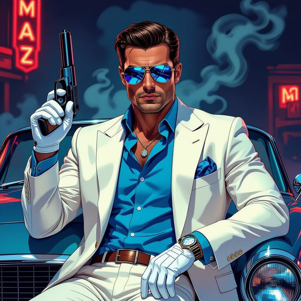 Italian Man Awaits Target in Comic Book Art Style