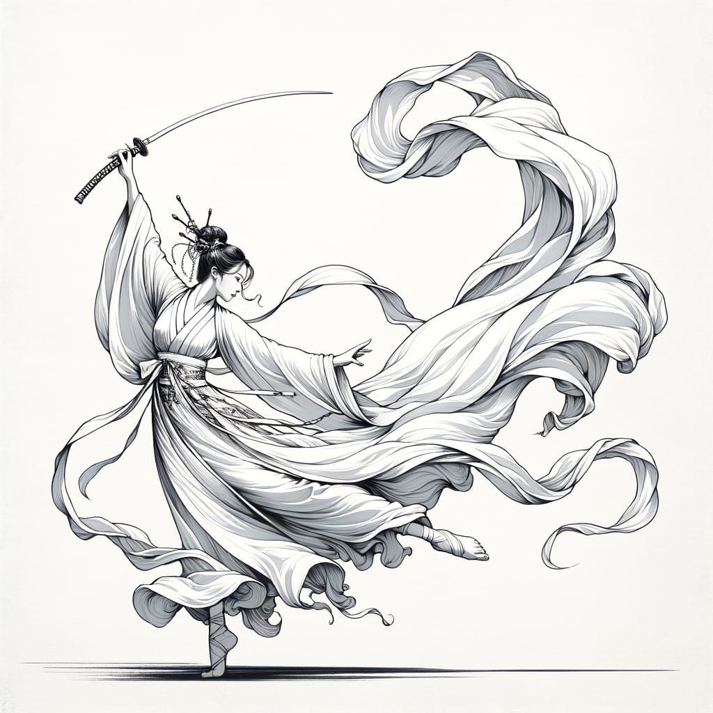 Dynamic East Asian Woman Dancing with Sword