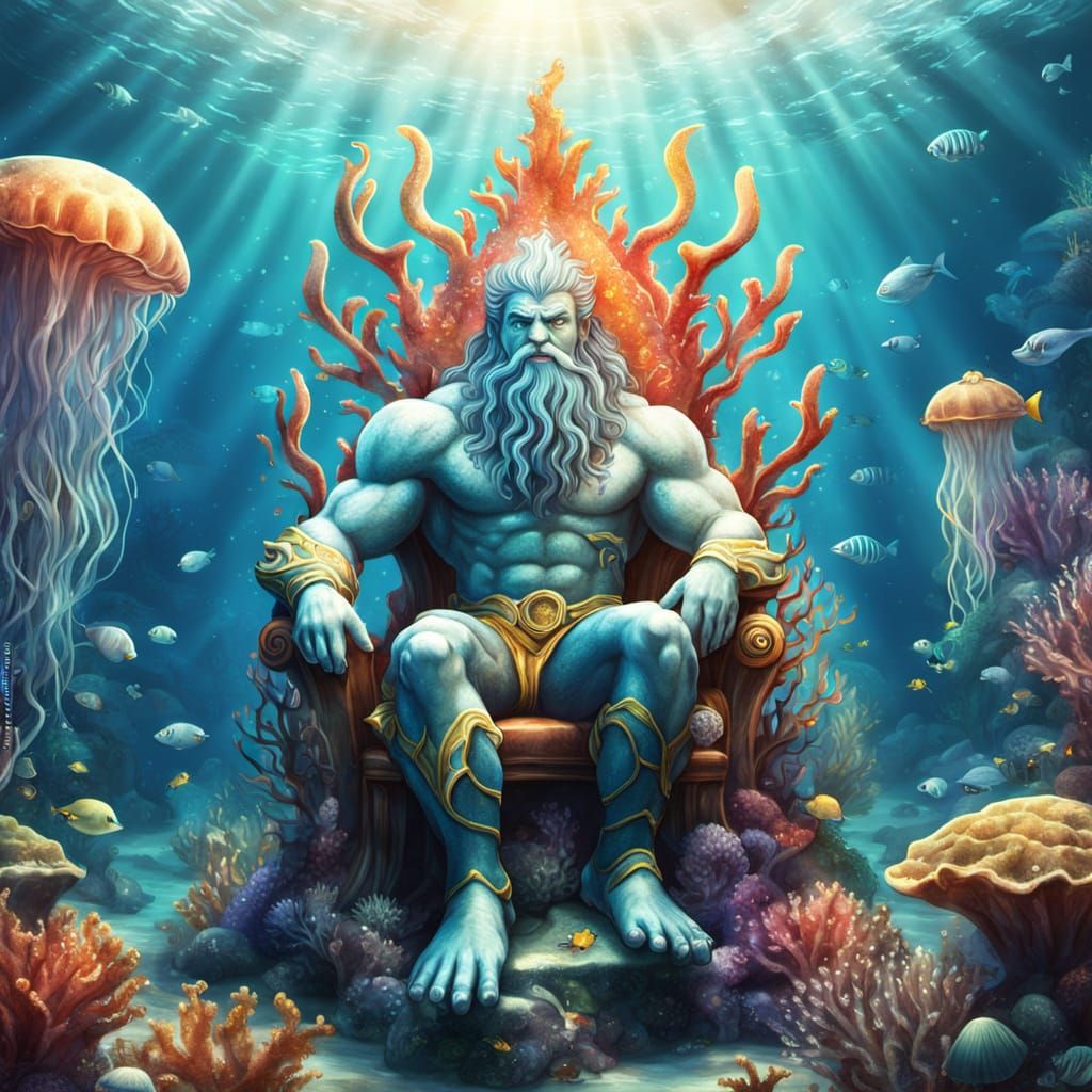Triton on Coral Throne in Dreamy Watercolor Style