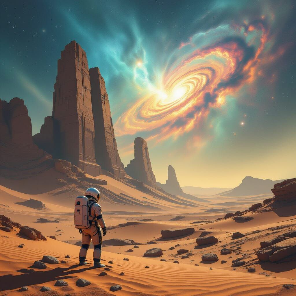 Astronaut Explores Ancient Alien City Ruins in Nebula Sky