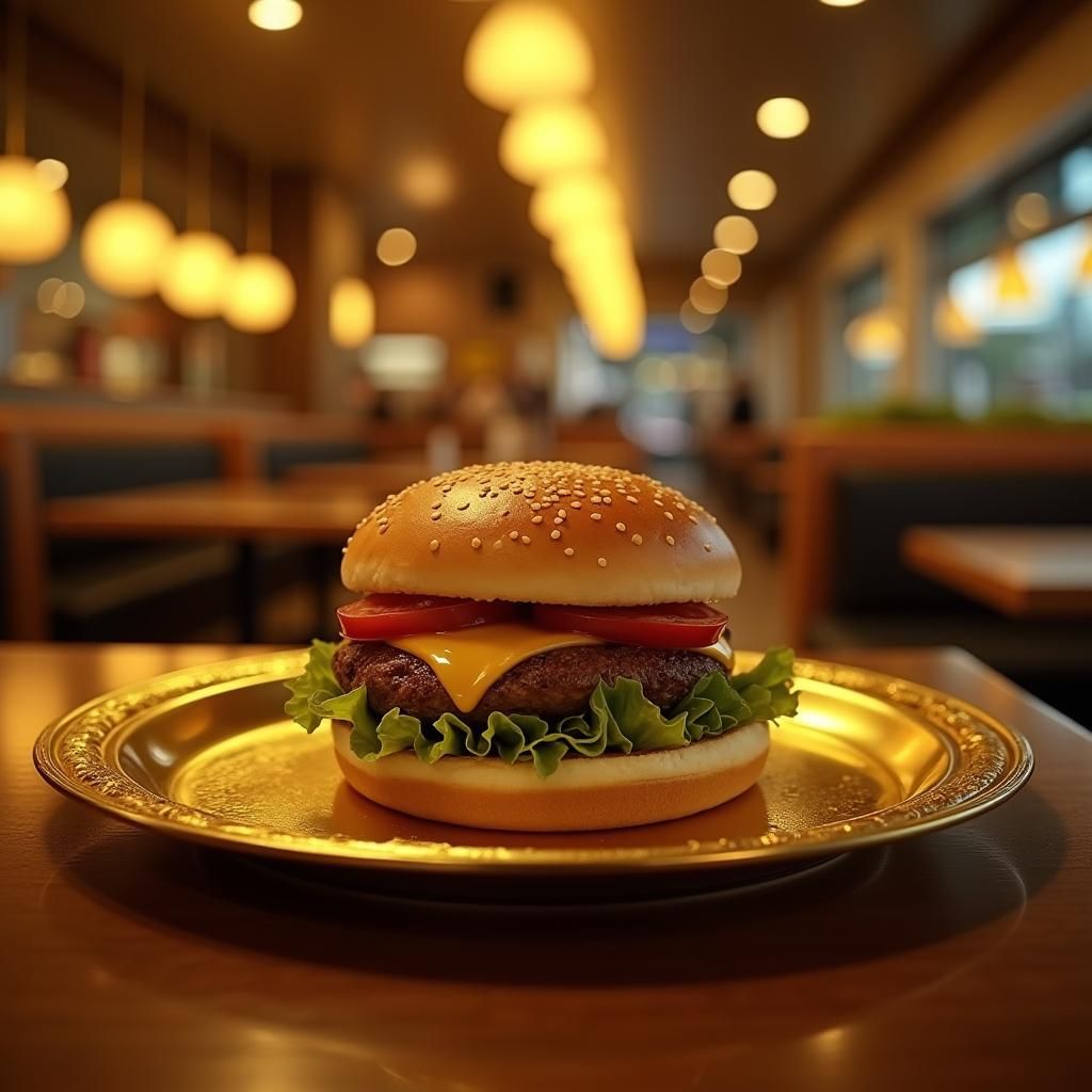 Juicy Burger on Gold Tray in Luxurious Restaurant