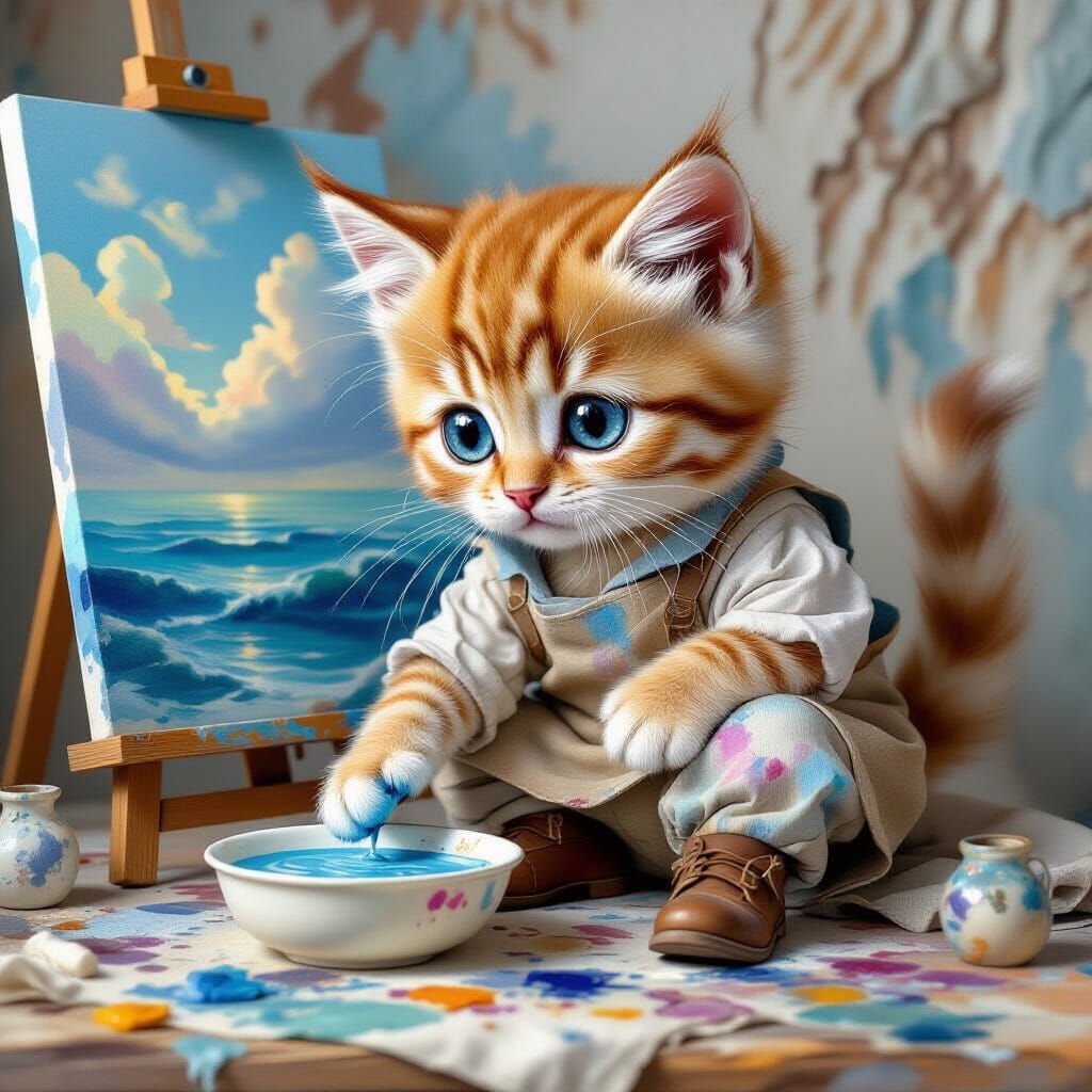 Singapura Kitten Painting Cerulean Glaze in Vermeer Style