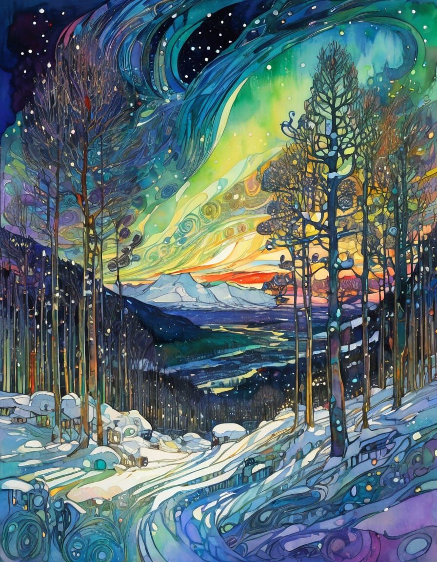 Aurora Borealis Painting in Art Nouveau Style