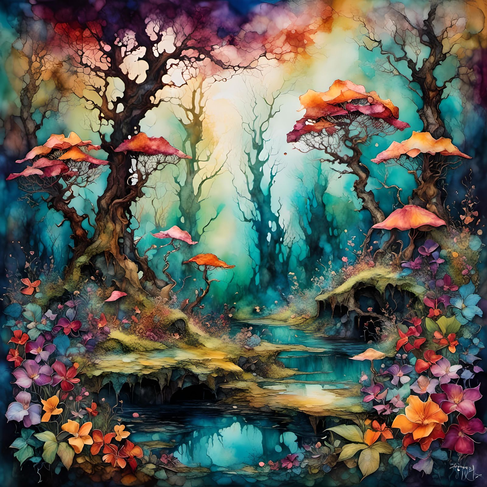 <lora:Inkwell:1.0> Enigmatic fantasy forest