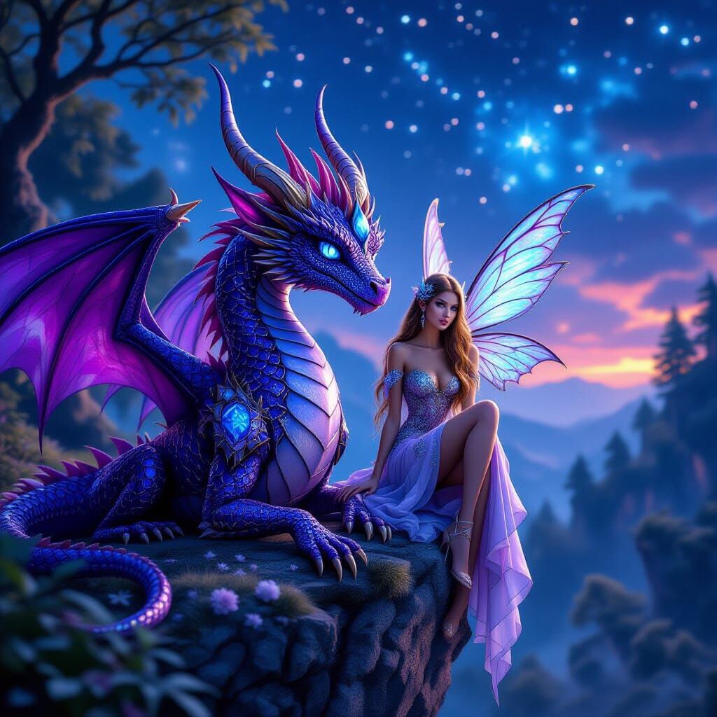 an image of a fantasy scene featuring a fairy with long, flo...