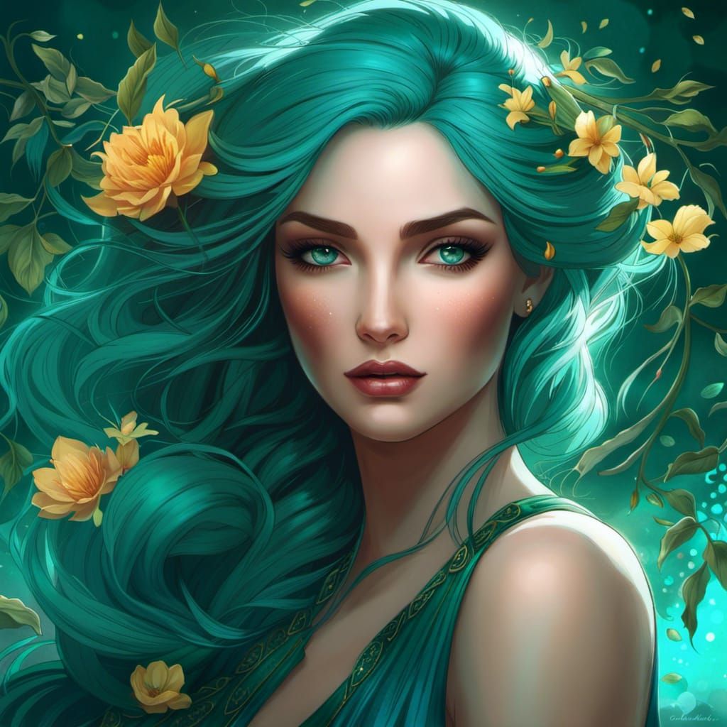 Teal-Haired Woman with Flowers, Digital Art