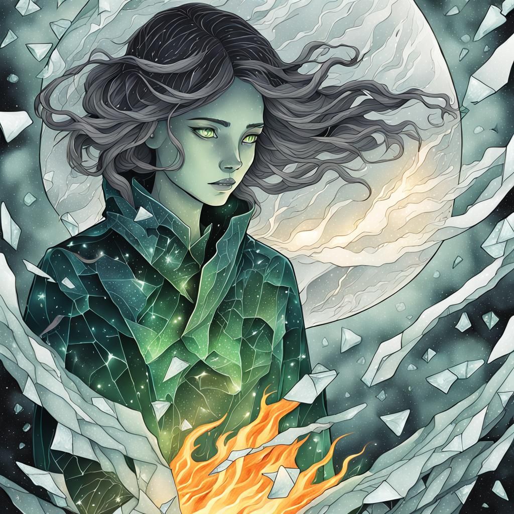 Fractured Ice Woman in Dark Fantasy Anime Style