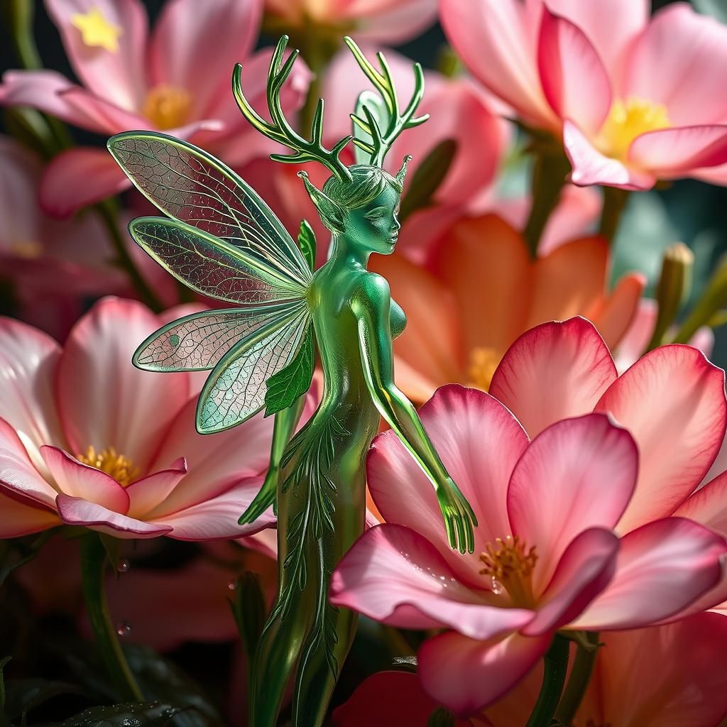 Glass Fairy Man Sculpture in Pastel Floral Setting