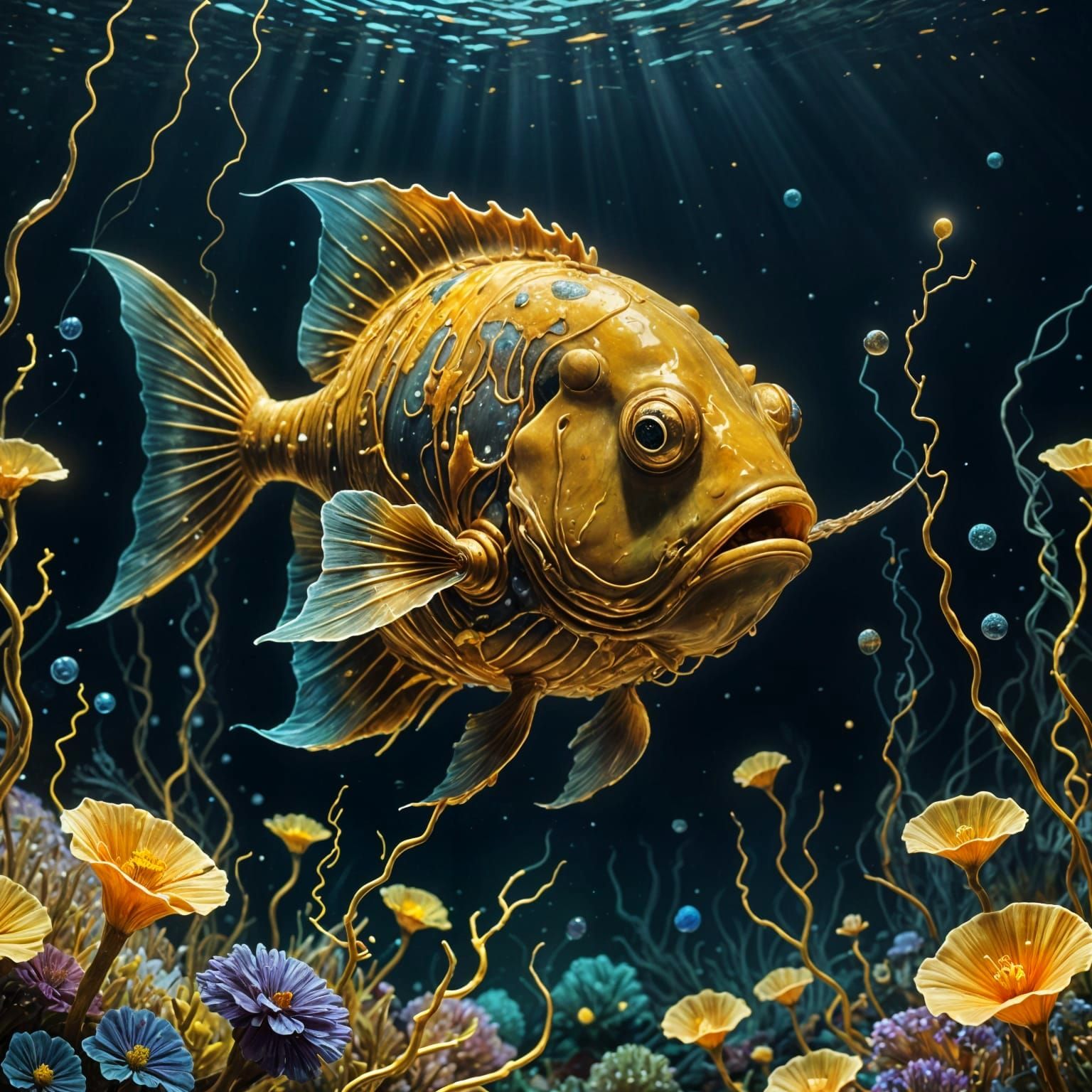 Bioluminescent Anglerfish in Deep-Sea Kintsugi Garden