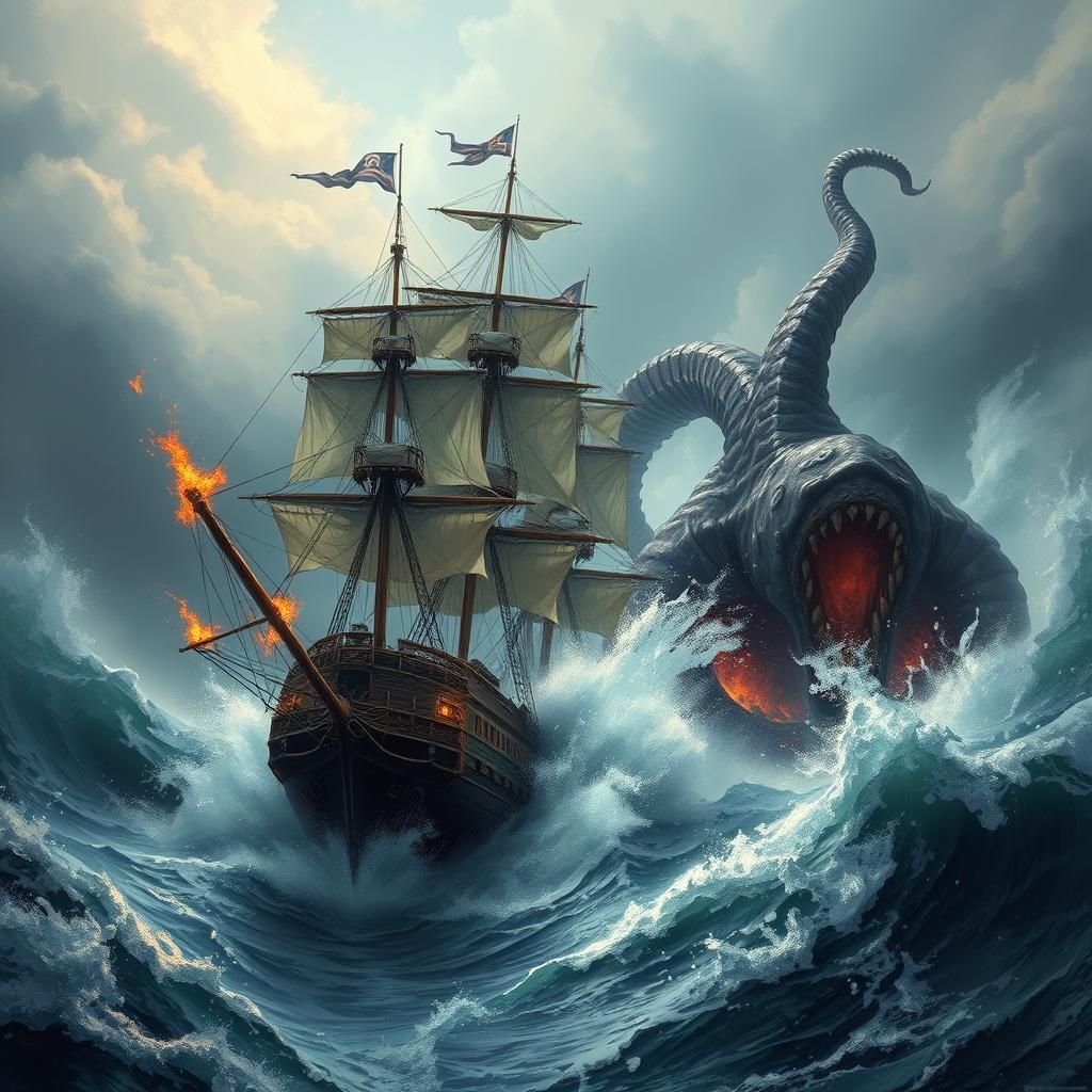 HMS Victory vs Kraken in Digital Painting Style