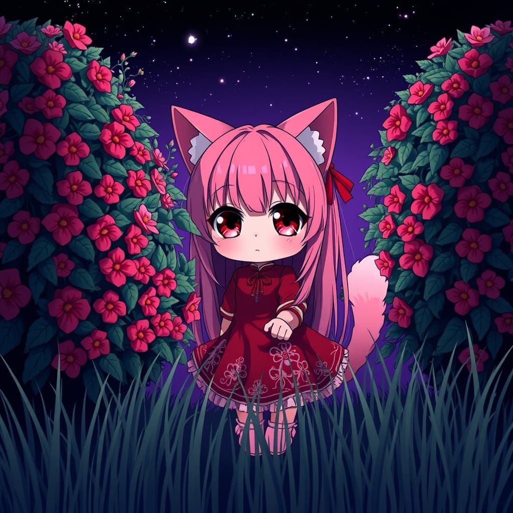 Whimsical Anime Catgirl Hides in a Nighttime Garden