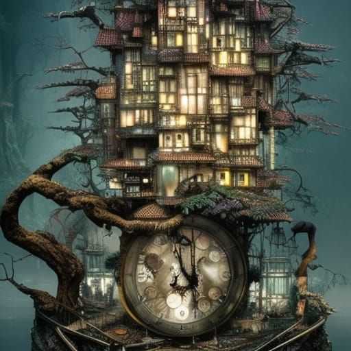 Clockpunk Glass Bonsai Village Digital Painting
