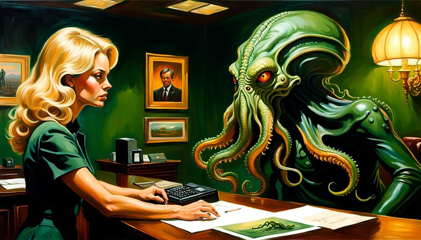Cthulhu Confronts Receptionist, Oil Painting in Vallejo Styl...