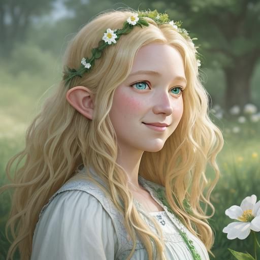Hobbit Woman with Flowers, Hyperrealistic Digital Art