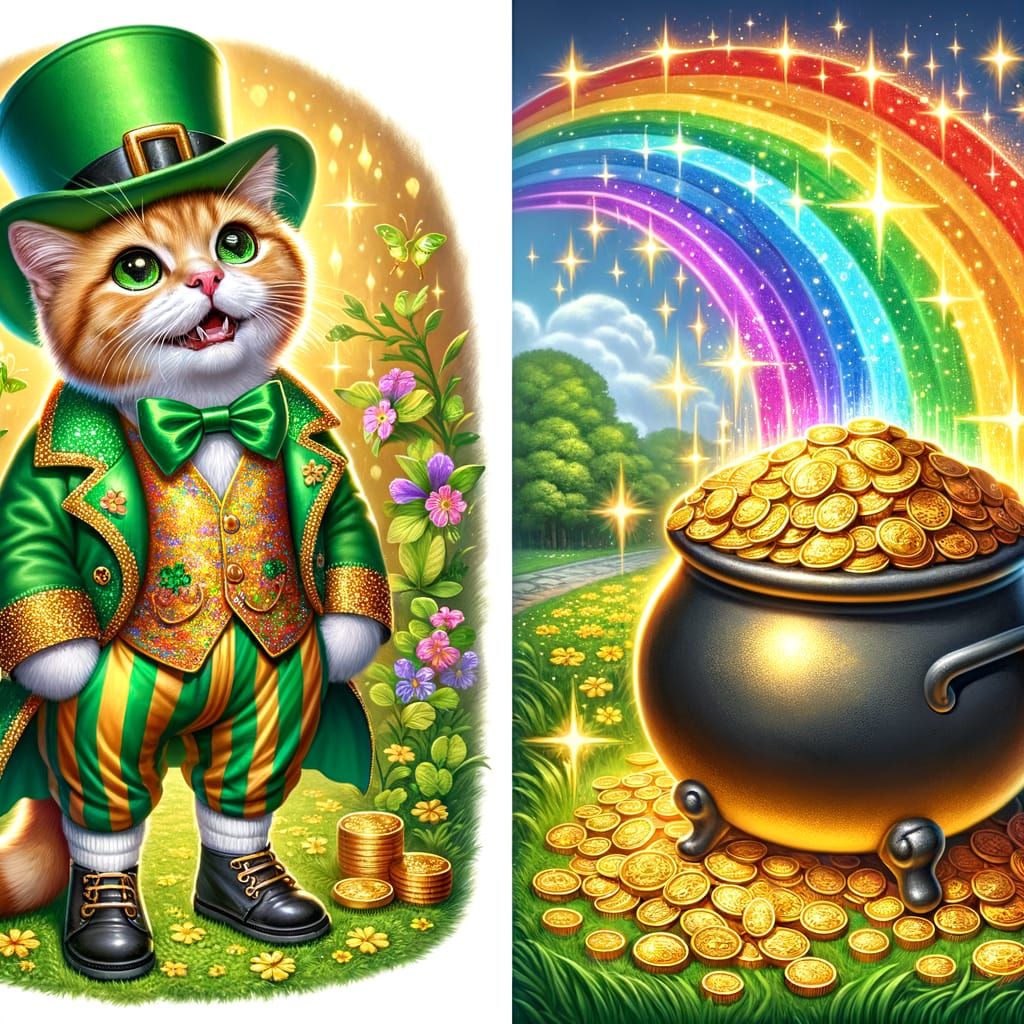 LARGE HAPPY CAT DRESSED AS A leprechaun AT THE END OF THE GO...
