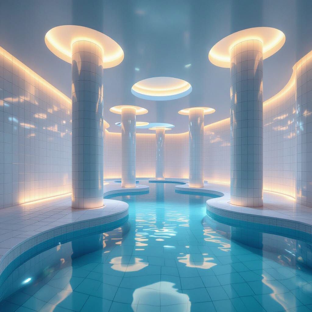 Liminal Poolrooms: Hyperrealistic White Tiled Environment