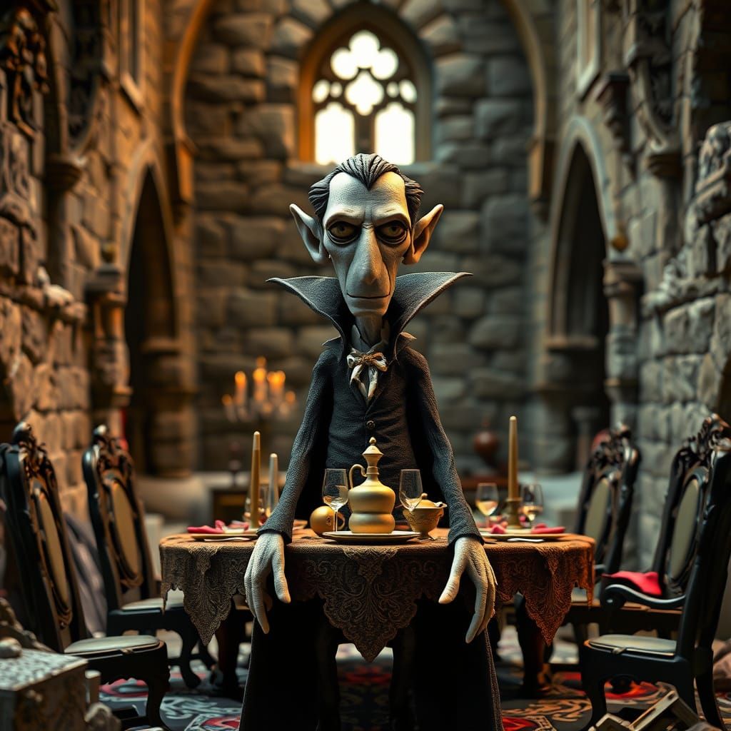 Gaunt Dracula in Ruins: Aardman Claymation Style