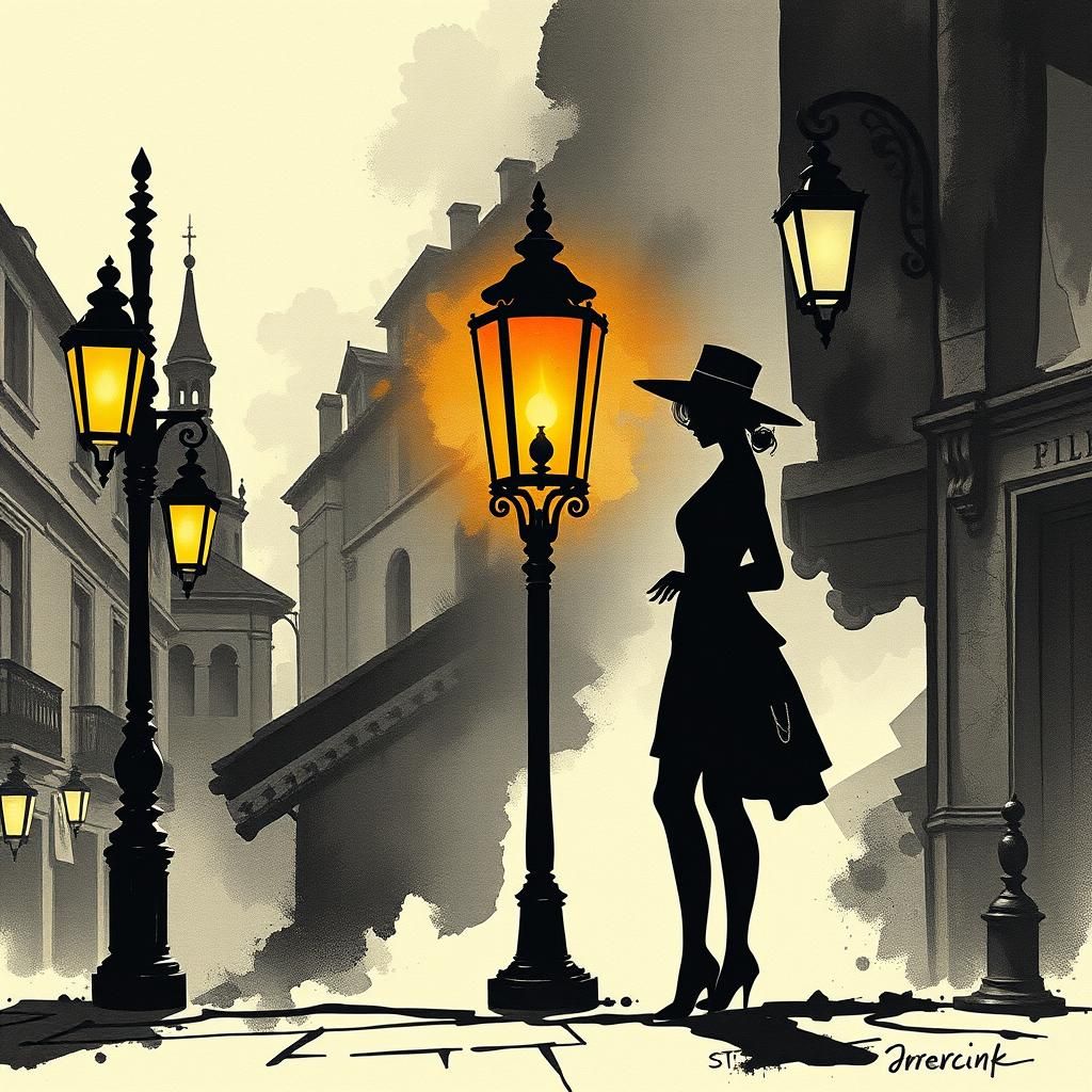 Woman in Steampunk Ink Painting by Lamplight