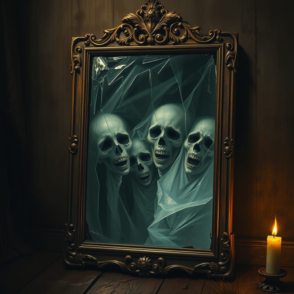 Haunting Gothic Mirror in Dark Chamber