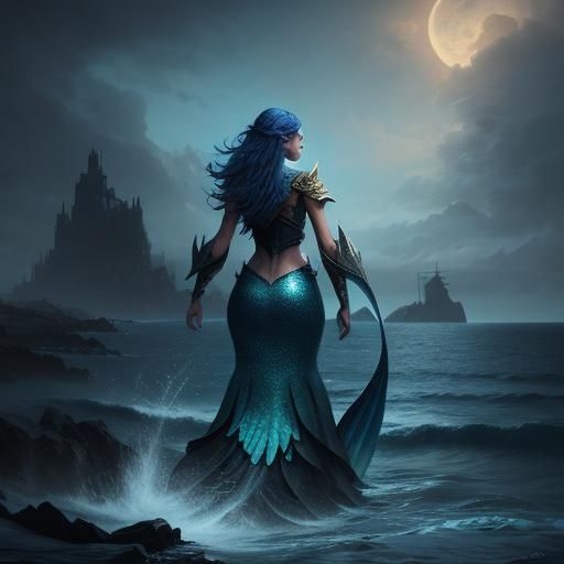 Mermaid Emerges from Ocean Night: Detailed Fantasy Art
