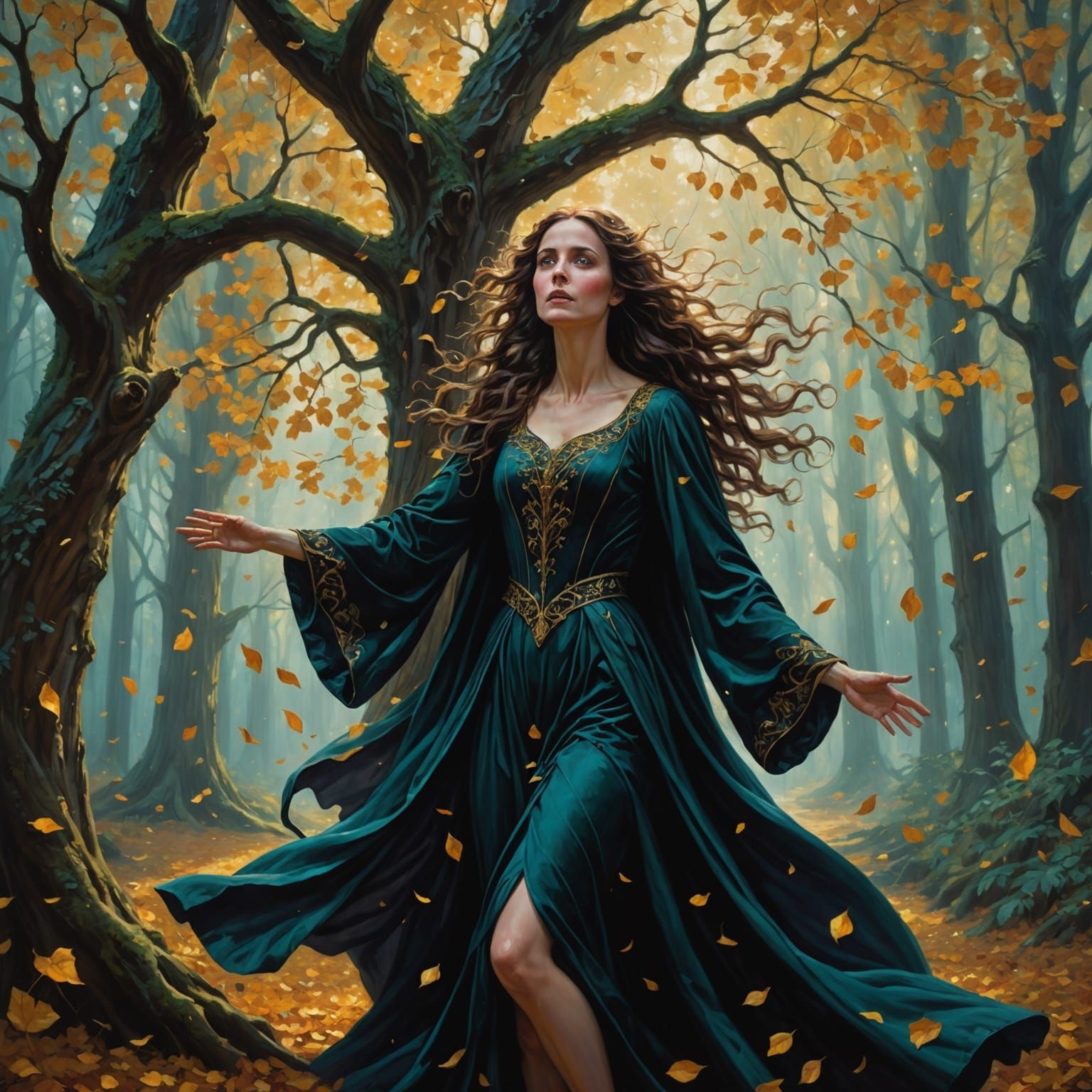 Regal Woman Falling Through Glowing Petals in Ancient Forest