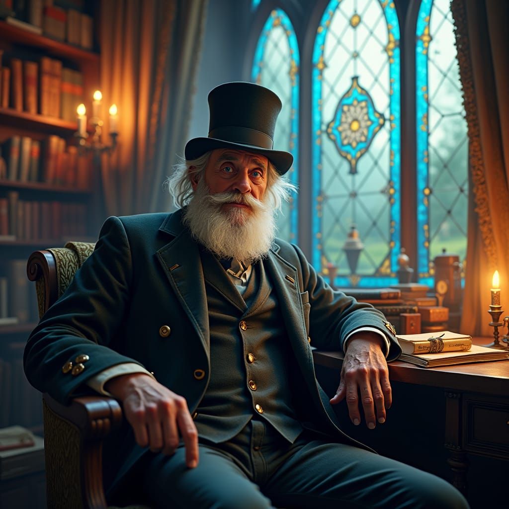 Elderly Man in Dimly Lit Study: Fantasy 3D Art