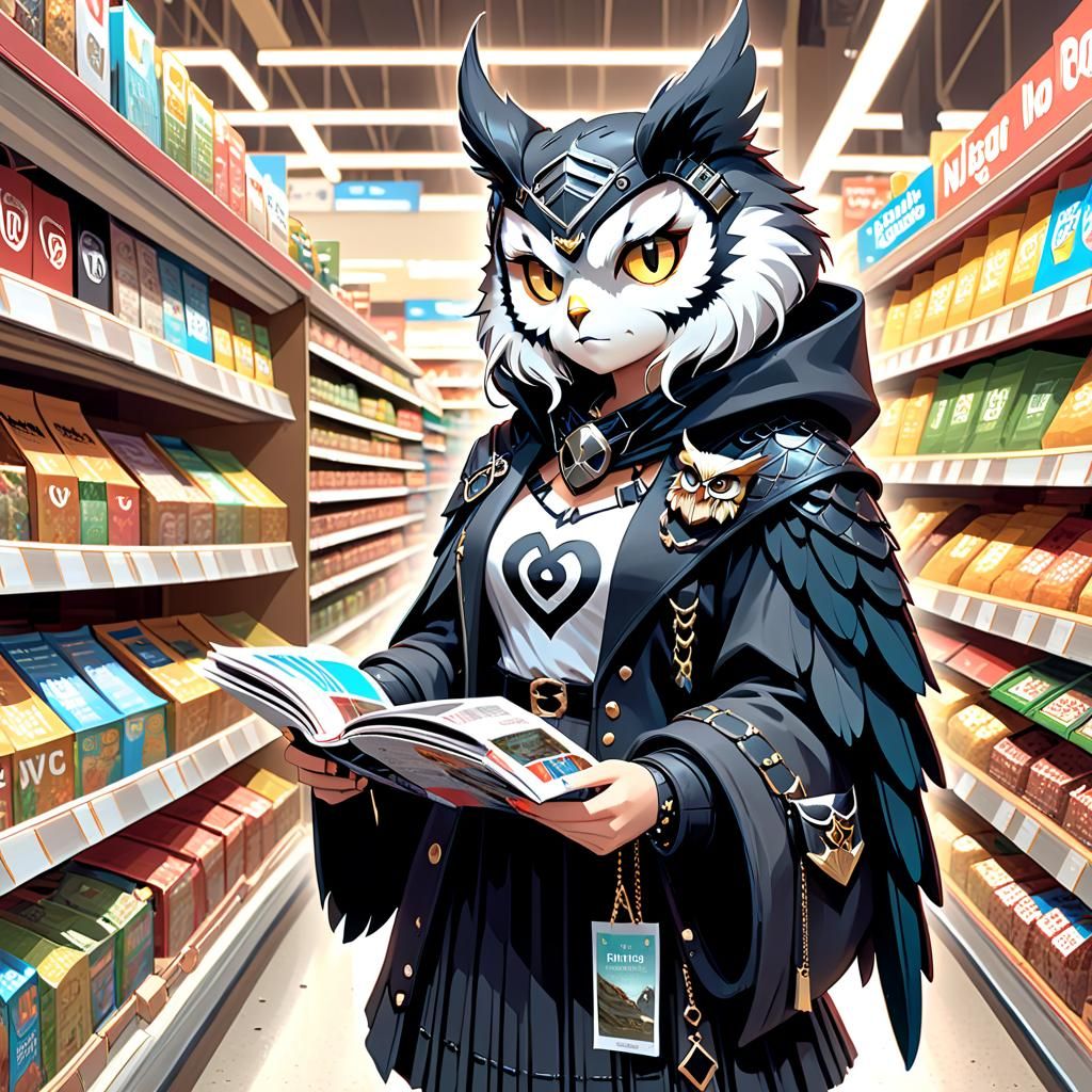 Goth Owl Reading in Supermarket, Digital Painting