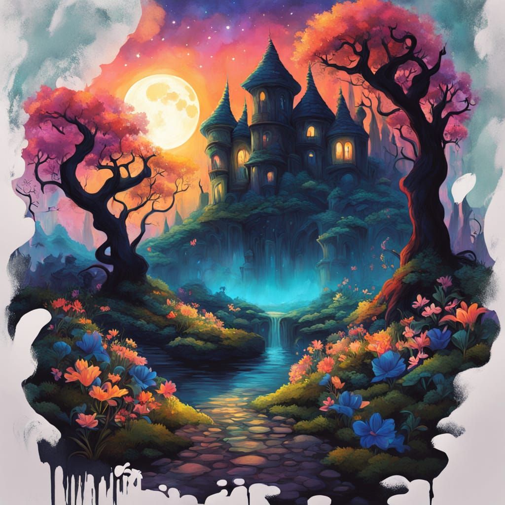 Dreamlike Moonlit Garden in Whimsical Surrealism Style
