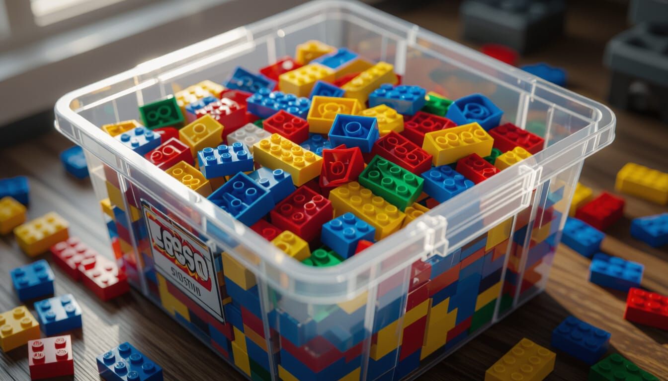 Lego Bricks Overflowing in Plastic Bin, 4K