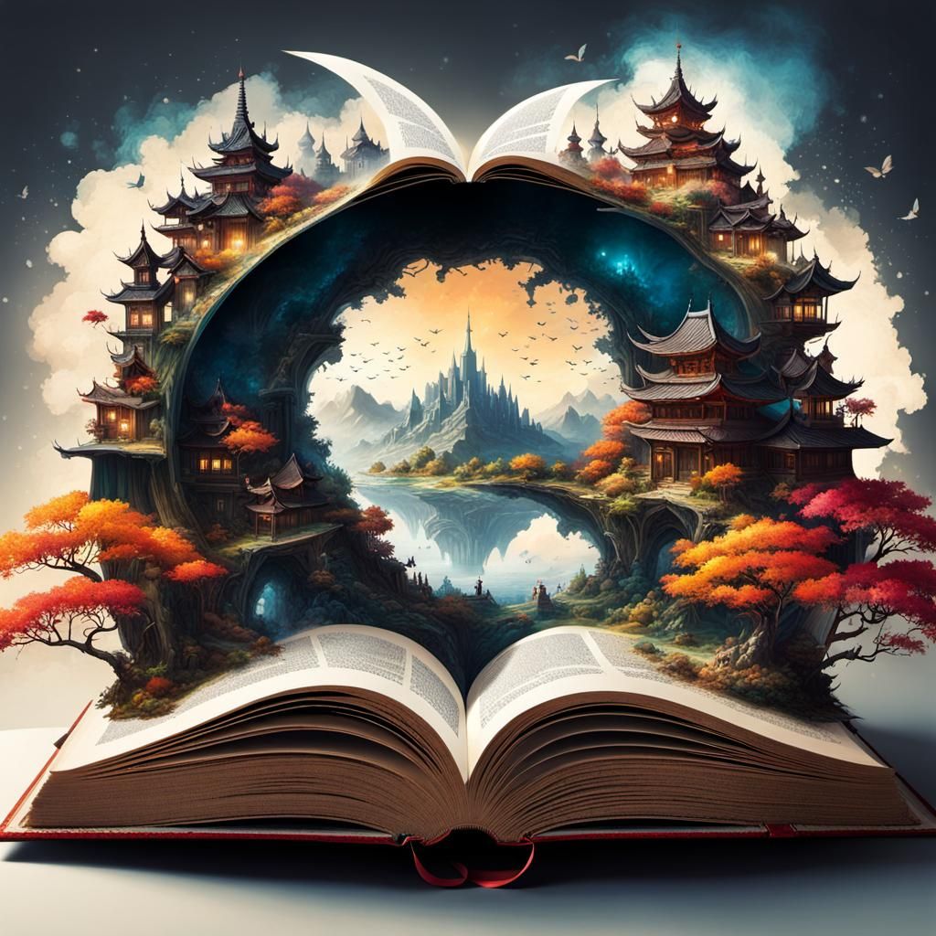 Fantasy World Emerges from Book, Digital Art