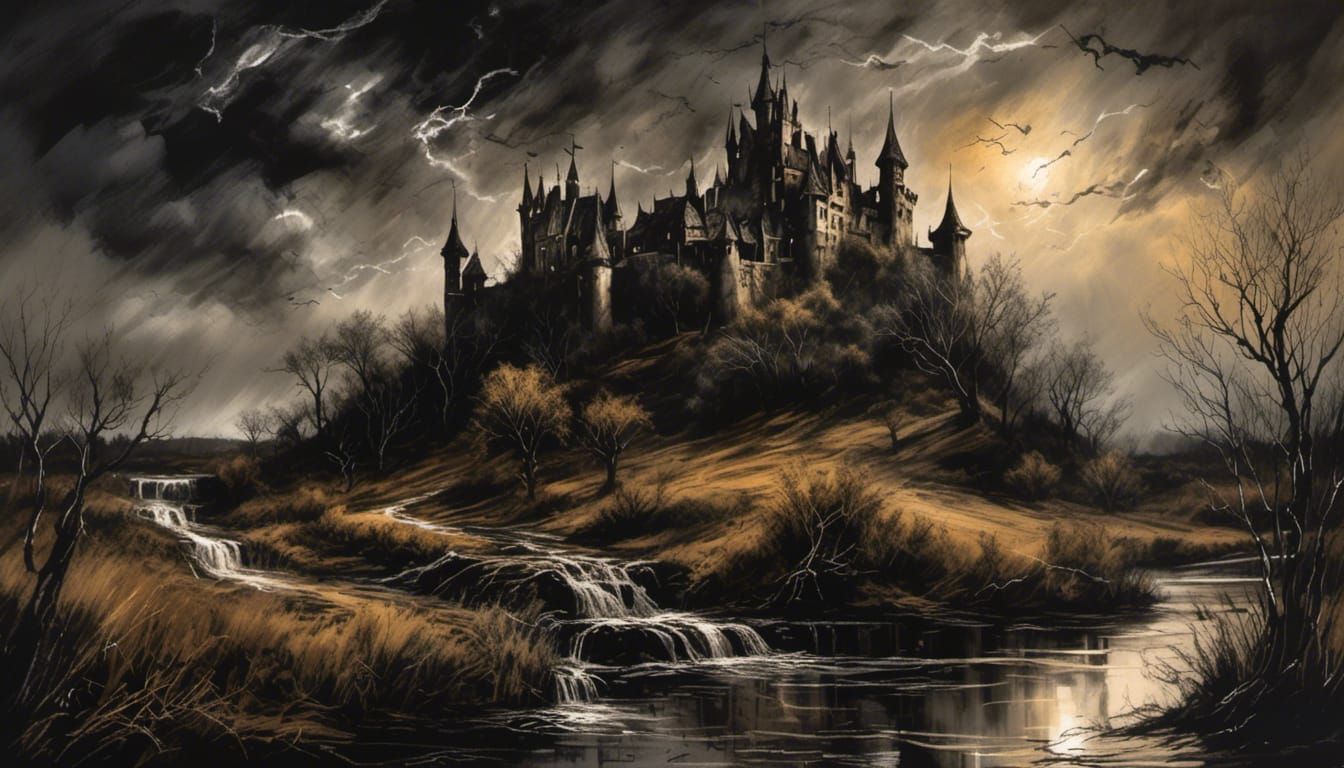 Gothic Castle in Moody Landscape with Chiaroscuro Lighting