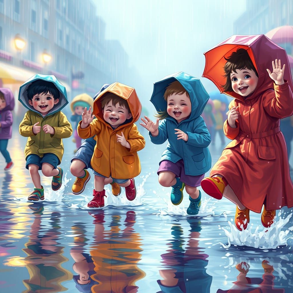 Children's Joyful Puddle Play in Ethereal Impressionistic St...