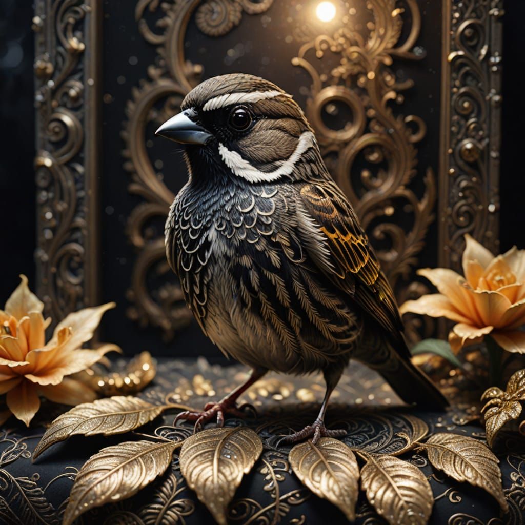 Gothic Museum Sparrow in Hyperrealistic Fantasy Art