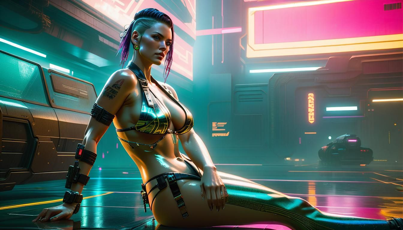 Cyberpunk Model in Wet Bikini: Hyperrealistic Concept Art