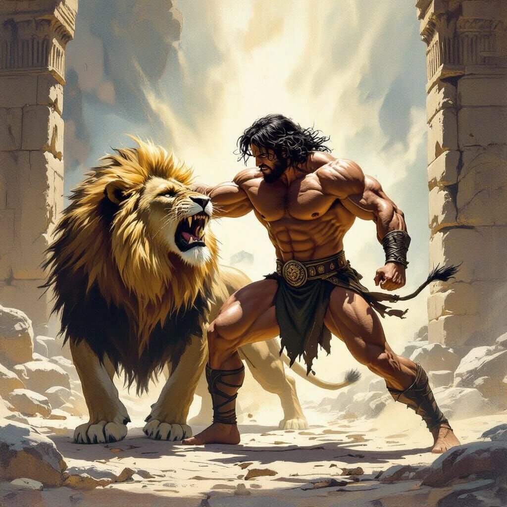 Man Wrestles Lion in Divine Light