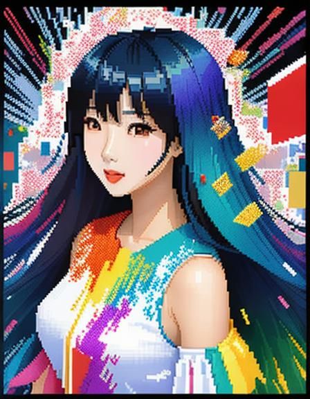 Korean Woman in Pixel Art with Confetti Explosion