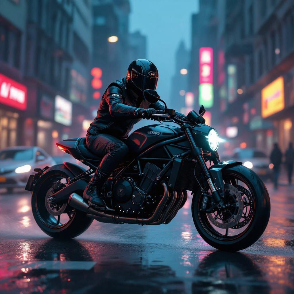 Spider Riding Motorbike Through Neon City at Dusk