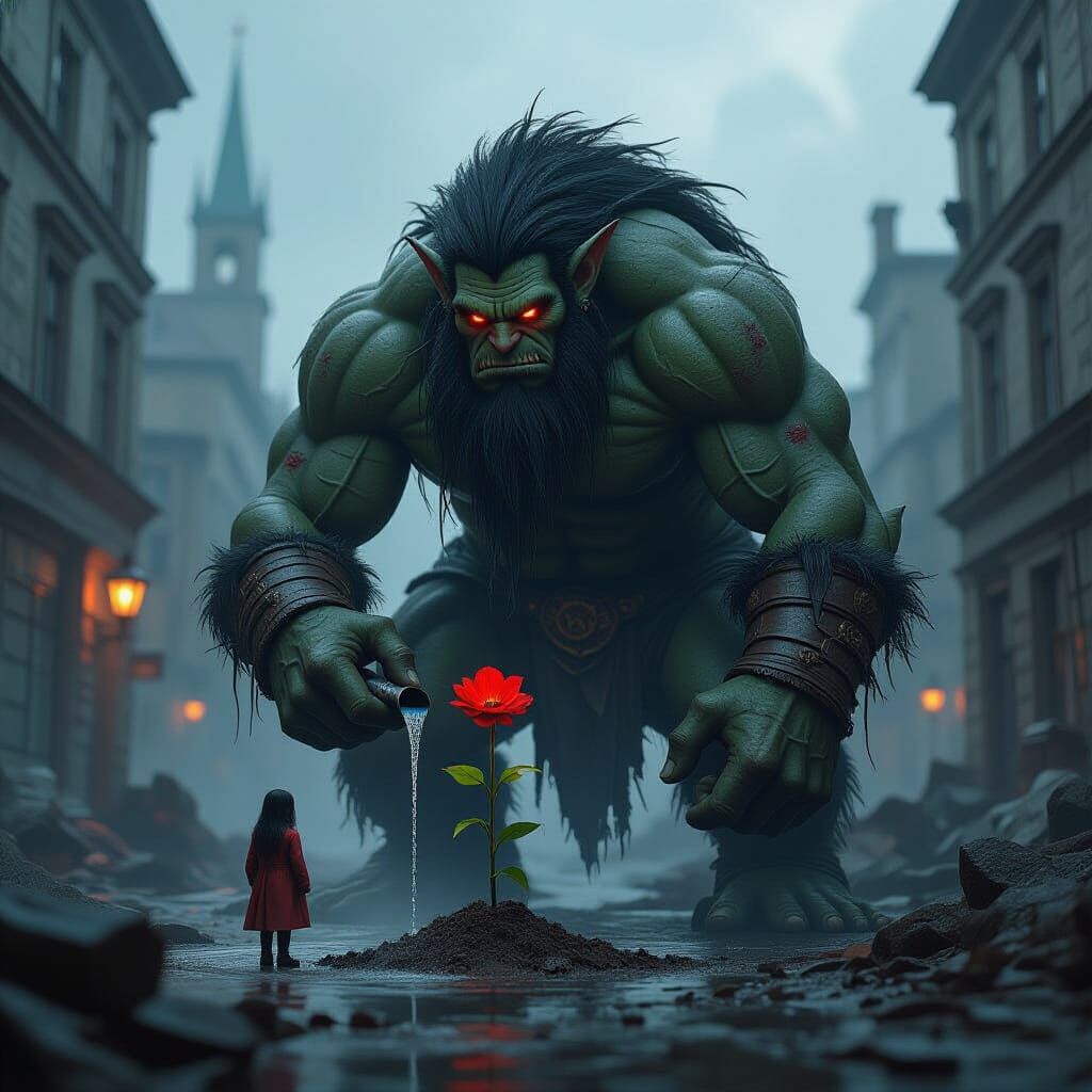 Troll Warrior Waters Flower in Ravaged City