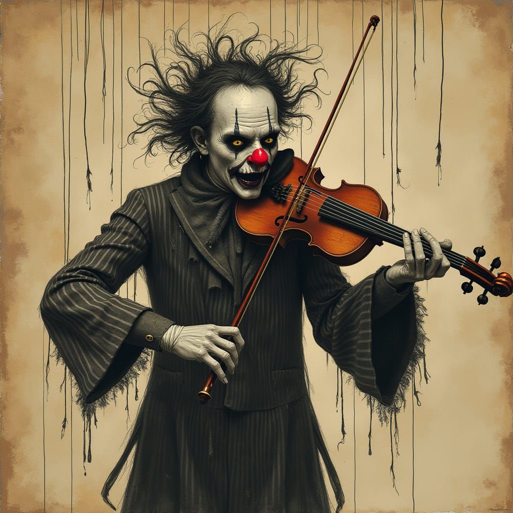 Dark gothic clown, playing violin,