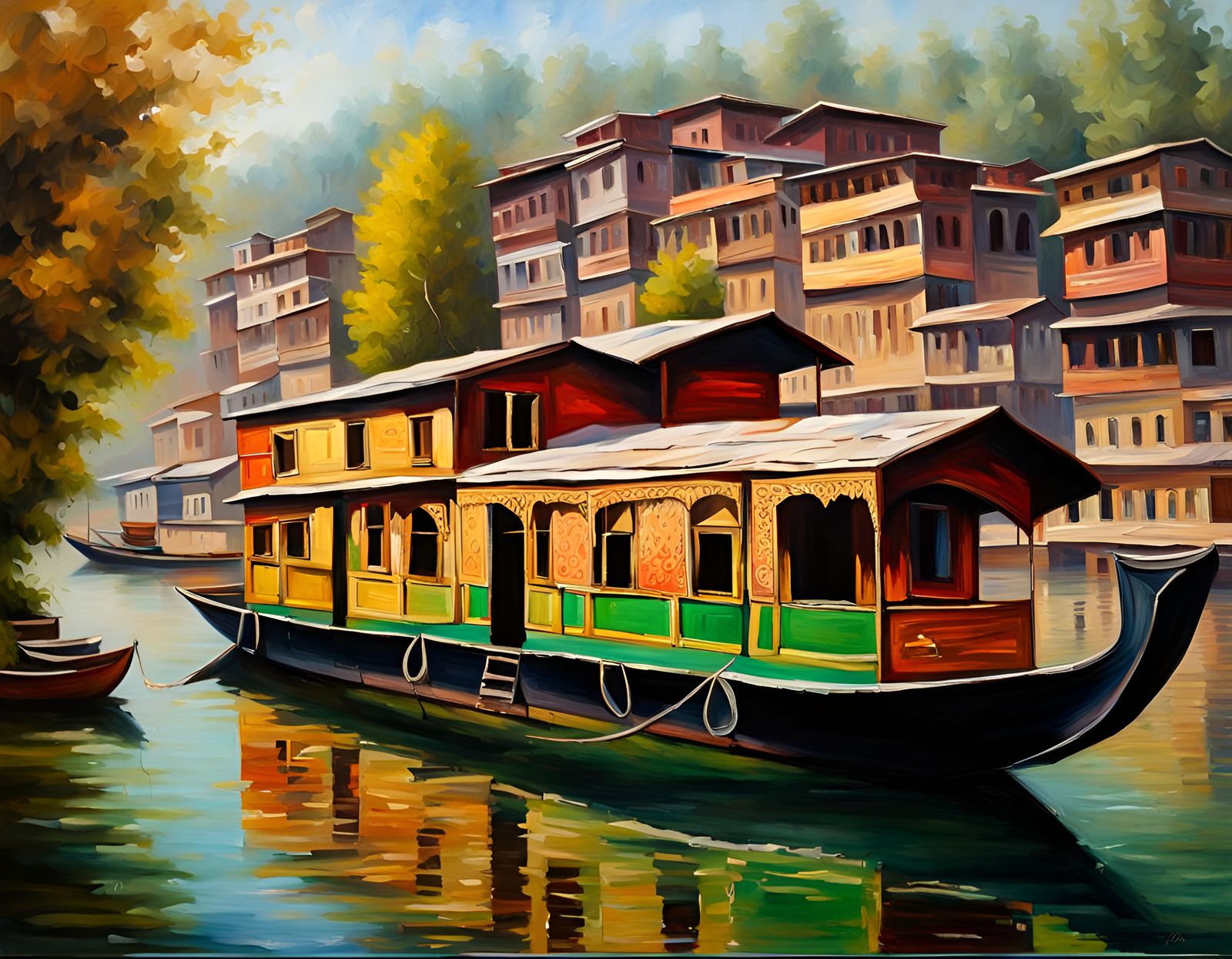 Historic Kashmir Houseboat in Vivid Oil Painting