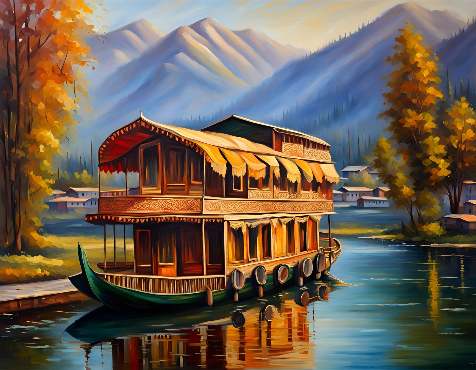 Historic Houseboat in Kashmir: Oil Painting Landscape