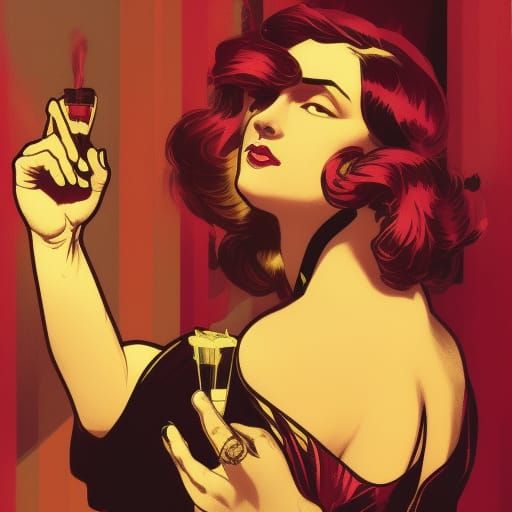 Woman Smoking in Bar, Comic Book Pulp Art