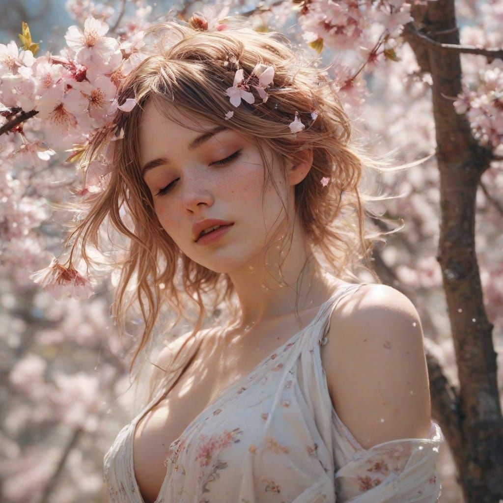 Surreal Cherry Blossom Dance in Vibrant Springtime Splendor
