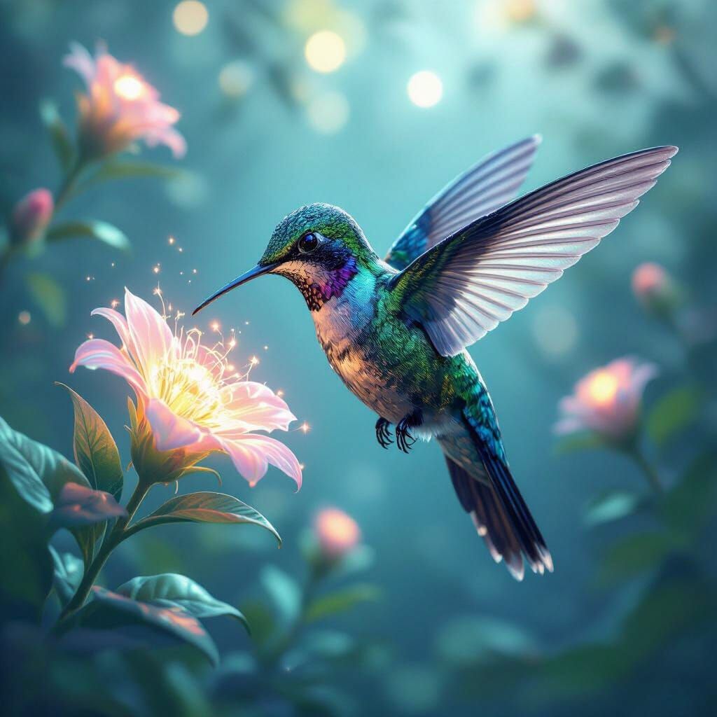 Futuristic Hummingbird in Bioluminescent Alien Garden